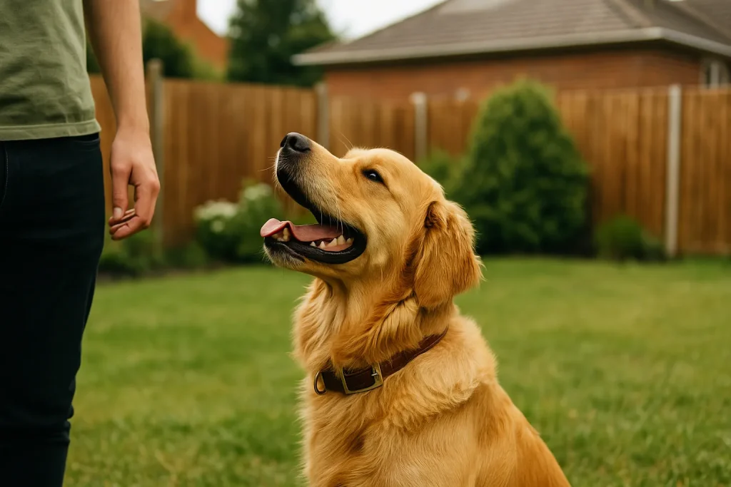 Golden retriever siedzący w ogrodzie obok dziecka, w spokojnym otoczeniu, symbolizującym wpływ środowiska i wychowania na zachowanie psa
